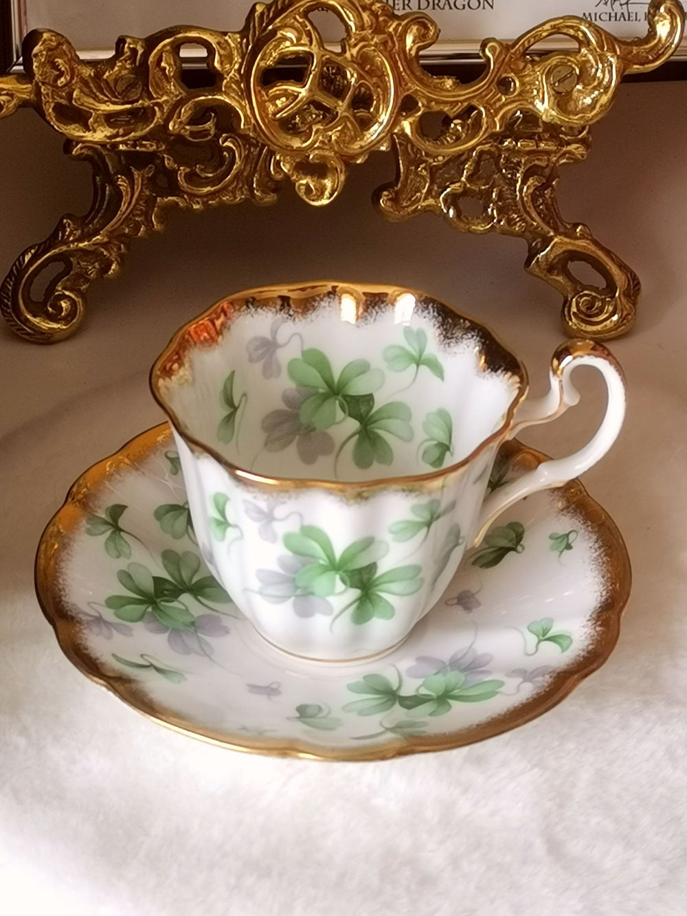 Adderley Fine Bone China Teacup and Saucer with Gold Trim Green Shamrock